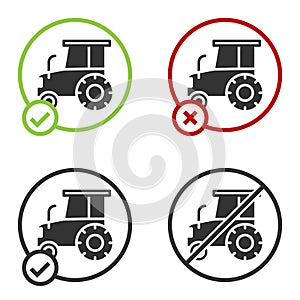 Black Tractor icon isolated on white background. Circle button. Vector