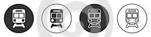 Black Train and railway icon isolated on white background. Public transportation symbol. Subway train transport. Metro