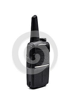 Black transceiver or walkie-talkie for speak and listen on white background or isolated