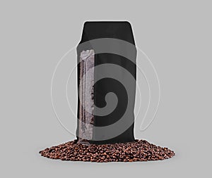 Black transparent coffee pouch gusset template, premium bag on coffee beans, for espresso, roasted grain