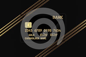 Black Transparent Plastic Golden Credit Card with Chip and Abstract Golden Line. 3d Rendering