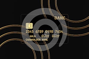 Black Transparent Plastic Golden Credit Card with Chip and Abstract Golden Line. 3d Rendering