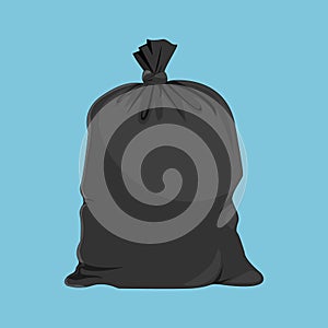 Black trash bag icon isolated on a light blue background. Cartoon filled trash bag icon