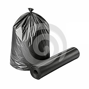 A black trash bag roll.