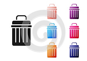 Black Trash can icon isolated on white background. Garbage bin sign. Recycle basket icon. Office trash icon. Set icons