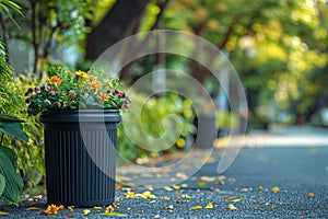 A black trash can is placed on the side of the road, serving as a receptacle for waste disposal