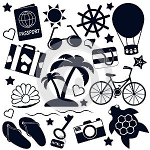 Black travel and cruise icons on white background.