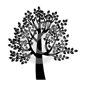 Black tree in abstract style. Tree vector icon. Nature illustration. White background. Stock image