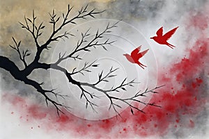 Black Tree Branches and Red Birds Flying in Abstract Sky