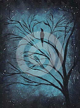 Black tree with a raven painted with acrylics photo