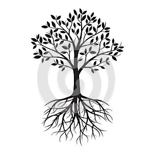 Black Tree with Roots. Vector Illustration.