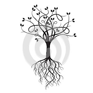 Black Tree and Rots. Vector Illustration.