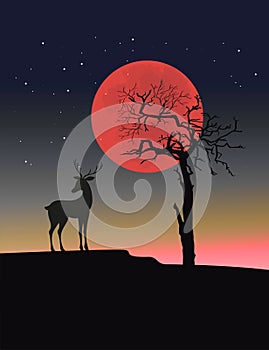 Black tree silhouette with deer, red moon at sunset