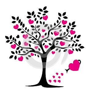 Black tree silhouette with leaves and pink hearts. Love tree. Greeting card for Valentine`s Day