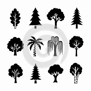 Black Tree Silhouettes on White Background, Vector Illustration Set