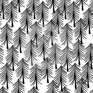 Black trees seamless vector pattern. Minimalism line art tree forest repeating background. Scandinavian winter nature pattern