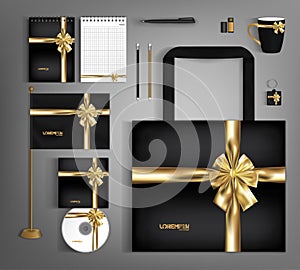 Black trendy corporate identity template design with gold bow.