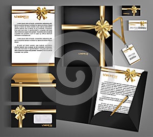 Black trendy corporate identity template design with gold bow.
