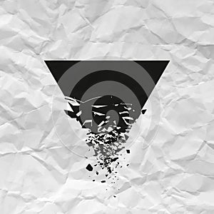 Black triangle with debris on white background with creased paper texture. Vector illustration