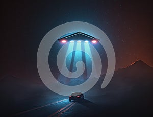 Black triangle UFO with neon lights above car on road, unidentified flying object triangle shape