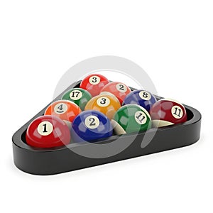 Triangle Rack of Numbered Pool Balls on White Background billiards snooker