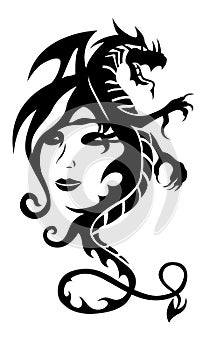 Black tribal dragon tattoo and woman face on white background