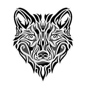 Black tribal tattoo art with stylized wolf head