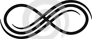 Black triple infinity symbol representing eternity, unlimited possibilities, renewal, and constant flow against a crisp white photo