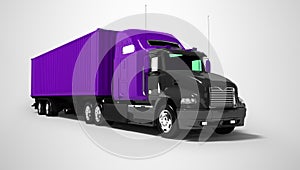 Black truck with purple trailer for long trips with goods abroad 3d render on gray background with shadow