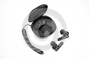 Black True Wireless Stereo Earphone Headphone Headset Handsfree with White Background