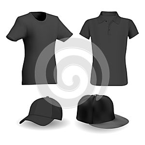 Black tshirt, black baseball hat vector template