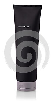 black tube shower gel isolated on white background