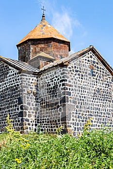 black tuff stone walls of church in Sevanavank
