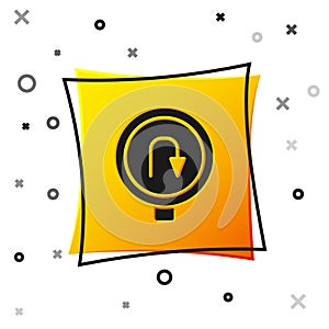 Black Turn back road icon isolated on white background. Traffic rules and safe driving. Yellow square button. Vector