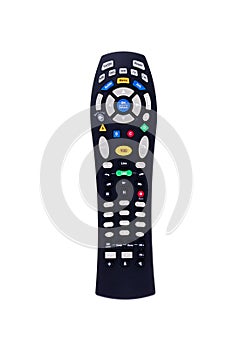 Black tv remote control front view isolated on white