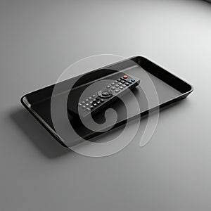 A black TV remote control rests on a rectangular black tray with raised edges. The