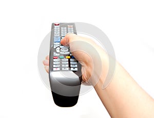 Black TV remote in hand
