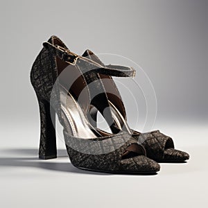 Black Tweed Texture 3d Heels With Gold Detailing