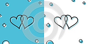 Black Two Linked Hearts icon on blue and white background. Heart two love sign. Romantic symbol linked, join, passion