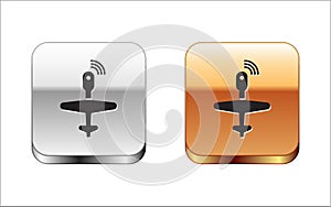 Black UAV Drone icon isolated on white background. Military Unmanned aircraft spy. Silver-gold square button. Vector