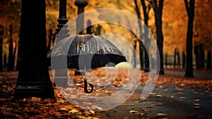 black umbrella in the park autumn leaves rainy day street lamp