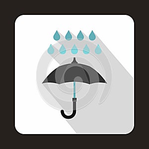 Black umbrella and rain drops icon, flat style