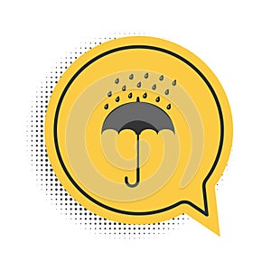 Black Umbrella and rain drops icon isolated on white background. Yellow speech bubble symbol. Vector