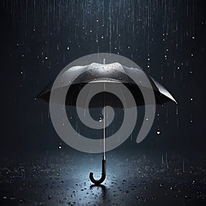 Black umbrella with raindrops concept of rainy day.
