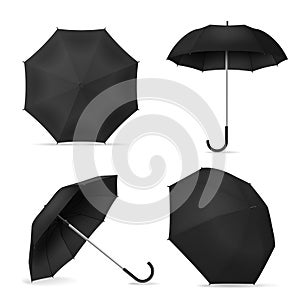 Black umbrella. Realistic blank parasols various positions open and top and front view for mockup, branding or