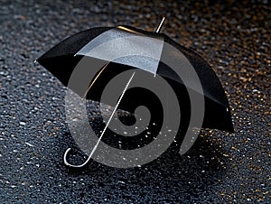A black umbrella sitting on the ground in the rain
