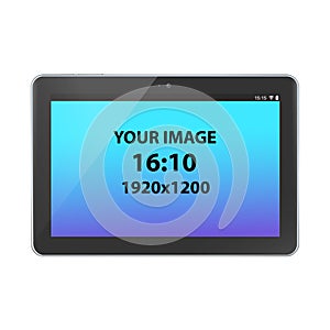Black unbranded horizontally oriented 16:9 tablet, front view, photorealistic vector mockup