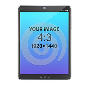 Black unbranded vertically oriented 4:3 tablet, front view, photorealistic vector mockup