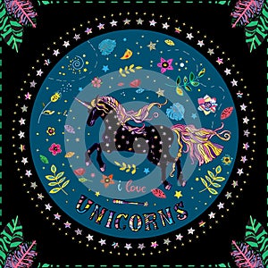 Black unicorn with motley mane inside black square with tropic  leaves