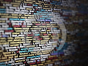 Black unique background. Programming PHP on laptop computer screen. Program code PHP HTML CSS of site.